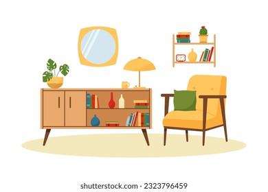 Vintage living room interior with armchair, wardrobe, mirror and shelf. Retro furniture set in 60s style. Flat vector illustration.