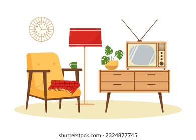 Vintage living room interior with armchair, TV, floor lamp, dresser. Retro furniture set in 60s style. Flat vector illustration.