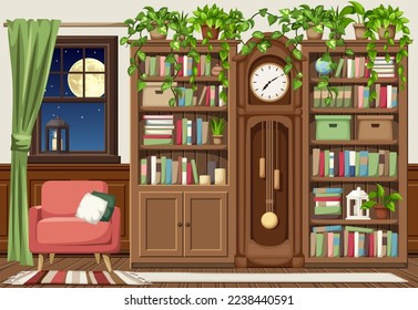 Vintage living room interior design with bookcases, grandfather clock, an armchair, a window, and plenty of books and houseplants. Cozy old interior design. Cartoon vector illustration