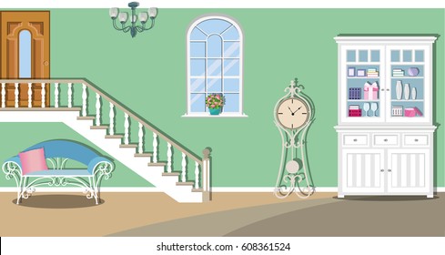 Vintage living room interior design with stairs, window, sofa, cupboard, chandelier and clock. Flat style vector illustration.