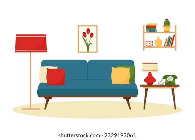 Vintage living room interior. Retro furniture set in 60s style. Flat vector illustration