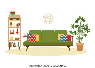 Vintage living room interior with sofa and shelf. Retro furniture set in 60s style. Flat vector illustration