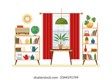 Vintage living room interior with with window. Retro furniture set in 60s style. Flat vector illustration