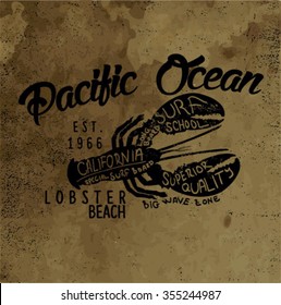 vintage lobster label design with grunge effect, background ocean print
