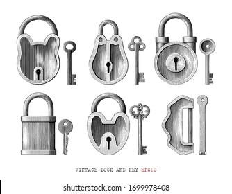 Vintage lock and key collection hand draw engraving style black and white clipart isolated on white background