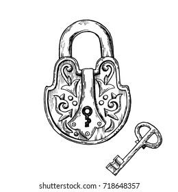 Vintage Lock And Key Engraving Vector Illustration. . Scratch Board Style Imitation. Hand Drawn Image.