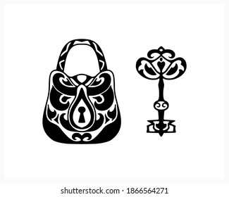 Vintage lock with key icon isolated on white. Vector stock illustration. EPS 10