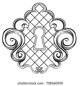 Vintage lock. Outline vector illustration isolated on white background for creating sketches of tattoos and other items.