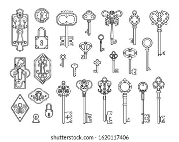 Vintage locks   keys  Sketch keyhole  victorian style padlock  Medieval antique door hole  old decor security elements vector collection