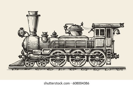 Vintage locomotive. Hand-drawn retro train. Sketch, vector illustration