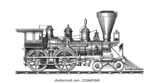 Vintage Locomotive. Retro train. Vector illustration. Halftone style. Isolated on white background. 