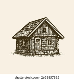 Vintage Log Cabin Illustration, Hand Drawn Wooden House	