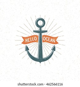 Vintage logo with anchor and ribbon. Grunge texture and background on separate layers. Vector illustration.