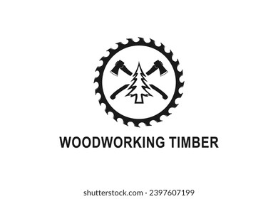 Vintage logo badge felling tree, carpenter with ax elements, pine tree.