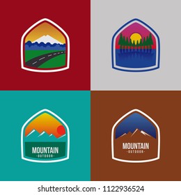 Vintage logo badge mountain outdoor label expedition camp & hiking vector illustration emblem isolated element adventure
