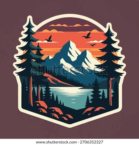 Vintage logo badge of mountain pine tree forest and lake river. Rustic retro old emblem editable vector illustration