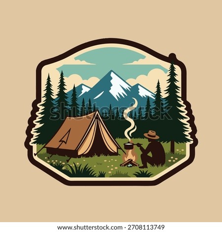 Vintage logo badge of Mountain and pine forest camping concept. Old retro editable vector illustration for tshirt design
