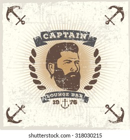 Vintage logo for a bar and lounge area. The face of a bearded man in the background of rays on grunge background