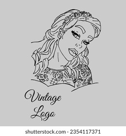 Vintage Logo Beautiful Woman Portrait Fashion Vector Design