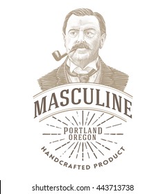 Vintage logo with bold man smoking a pipe. 