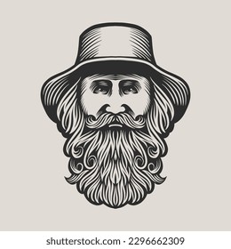 Vintage logo with bold man wearing hat. Elegant gentleman logo in vintage etching style.