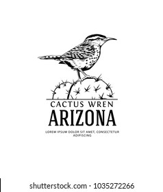 Vintage Logo With Cactus Wren. Arizona State Bird