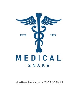 Vintage Logo with Caduceus Symbol with two snakes wrapped around a winged bone staff, Health and Healing Symbol for medical institutions, clinics or healthcare organizations