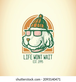 Vintage logo of cartoon dog head wearing beanie hat and glasses