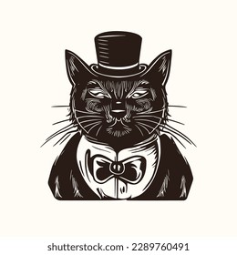 Vintage logo of a cat wearing a top hat. an old-school logo of a magician cat. Aesthetic retro logo of a mafia cat isolated on white background. vector logo.