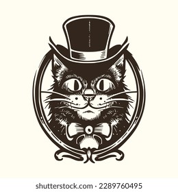 Vintage logo of a cat wearing a top hat. an old-school logo of a magician cat. Aesthetic retro logo of a mafia cat isolated on white background. vector logo.