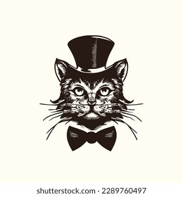 Vintage logo of a cat wearing a top hat. an old-school logo of a magician cat. Aesthetic retro logo of a mafia cat isolated on white background. vector logo.