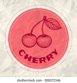 Vintage logo of cherry on crumpled white paper