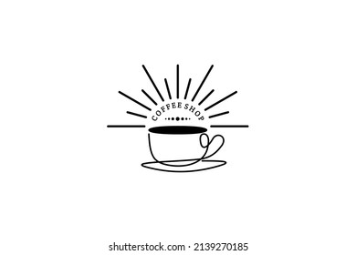 vintage logo coffee cup with sunshine in continuous line art design style