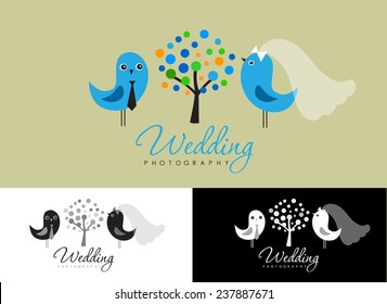 Vintage logo collection for wedding photographer. Cute logos with bride and groom, birds, trees and flowers.