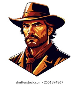 Logo vintage com um rosto de cowboy. Um modelo para o design de adesivos, roupas e lembranças. Isolado em um fundo branco. Ilustração vetorial.
