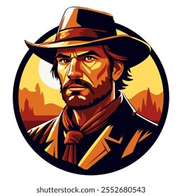 Vintage logo with a cowboy face. A template for the design of stickers, clothes and souvenirs. Vector illustration. Isolated on a white background. 
