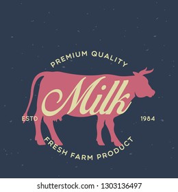 Vintage logo for dairy and meat business, shop, market. Template, stamp, badge, label with cow silhouette. Vector isolated illustration.