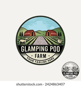 The vintage logo, depicting a charming glamping pod amidst scenic farmland. Encircled by a classic emblem, it embodies tradition and adventure, inviting you to embrace nature's tranquility.