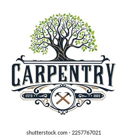 vintage logo design carpentry, oak tree icon with chisel in emblem shape, for crafts, carpentry, furniture and construction