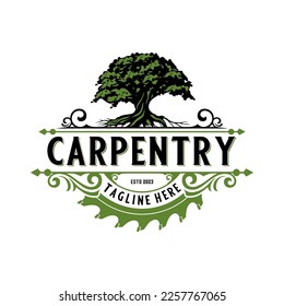 vintage logo design carpentry, oak tree icon with chisel in emblem shape, for crafts, carpentry, furniture and construction