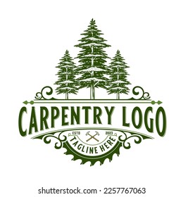 vintage logo design carpentry, pine tree icon with chisel in emblem shape, for crafts, carpentry, furniture and construction