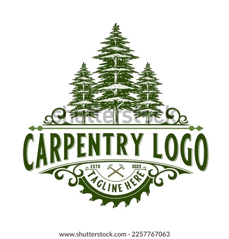 vintage logo design carpentry, pine tree icon with chisel in emblem shape, for crafts, carpentry, furniture and construction