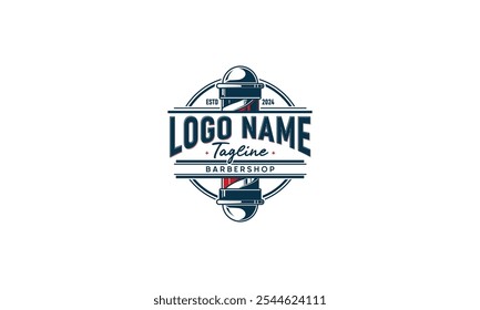 A vintage logo design featuring a barber pole and text for a barbershop.