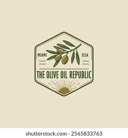 A vintage logo design featuring an olive branch with olives, sun, and text indicating The Olive Oil Republic Miami USA.