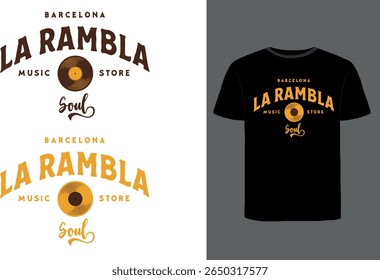 Vintage Logo Design Featuring Rustic Typography and a Classic Vinyl Record for a Music Store in Barcelona Called "La Rambla Soul". Retro aesthetic, music shop branding, record store, old school vibe