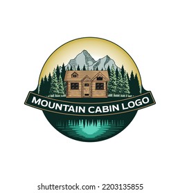 Vintage logo design illustration of mountain log cabin with mountain and pine tress and lake view