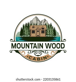 Vintage logo design illustration of mountain log cabin with mountain and pine tress and lake view