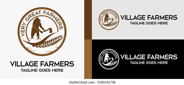 vintage logo design template, people hoeing and rice or wheat with silhouette in circle. vector illustration