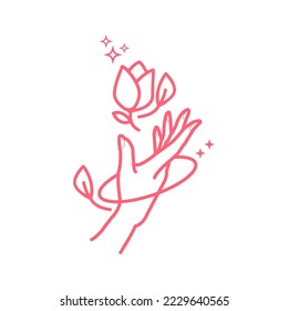 Vintage logo design templates in trendy linear minimal style hands with rose