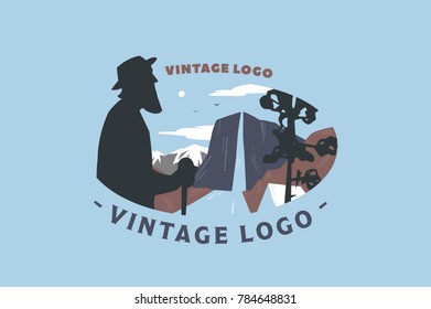Vintage logo elder and Mountain landscape. Flat illustration of elder with landscape, mountains and river.